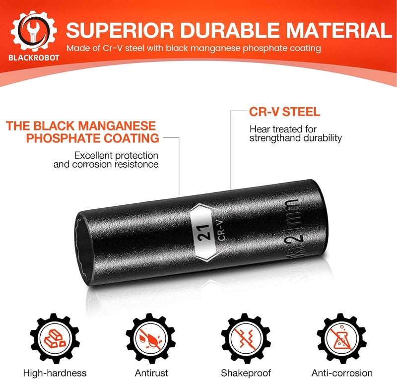 BLACKROBOT 21 mm 12-Point Deep Impact Socket, 1/2 Inch Drive, Metric, Cr-V Steel With Black Manganese Phosphate Coating - Image 5